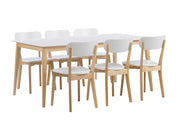 Laine-tuolit kuuden hengen Laine-pöydän kanssa, väri koivu/valkoinen.