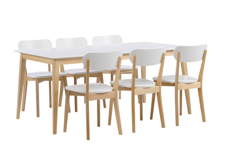 Laine-tuolit kuuden hengen Laine-pöydän kanssa, väri koivu/valkoinen.