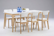 Kuusi Laine-tuolia ja Laine-ruokapöytä 170 x 90 cm, väri koivu/valkoinen.