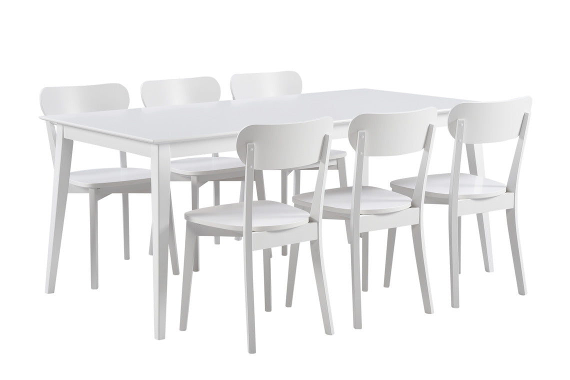  Laine-pöytä 170 x 90 cm ja kuusi tuolia kokonaan valkoisena.