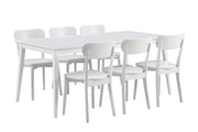  Laine-pöytä 170 x 90 cm ja kuusi tuolia kokonaan valkoisena.