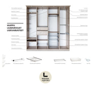 Lakeus Design -liukuovikaappeihin on saatavana monipuolinen valikoima lisävarusteita.
