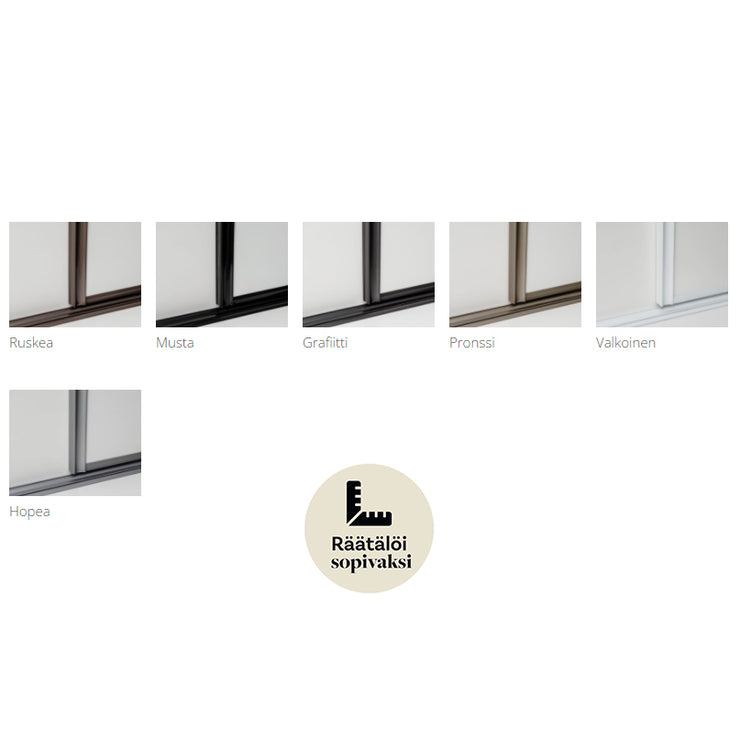 Lakeus Design -liukuovien kehysvärit. Saatavana on eri paksuisia profiileja.