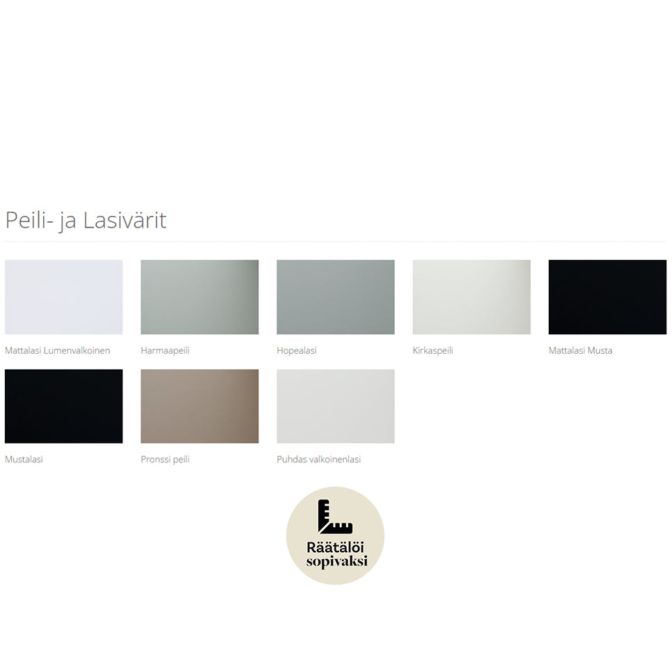 Lakeus Design -liukuovikaappien oviin saatavat peili- ja lasivärit.