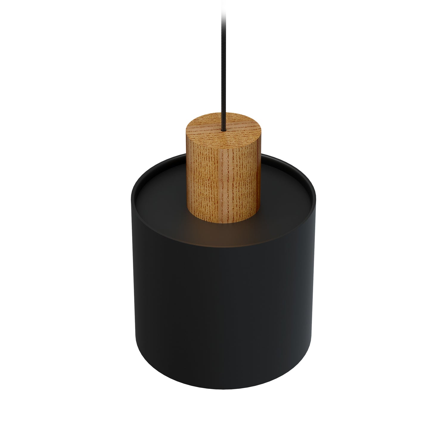 Musta Ø 20 cm Log-metallivalaisin kuvattuna ylhäältäpäin. Valaisimen sisäosa on valkoinen ja puuosa tammenväristä puuta.