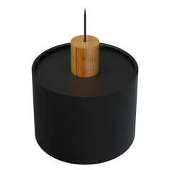 Musta Ø 30 cm Log-metallivalaisin ylhäältäpäin kuvattuna. Valaisimen sisäosa on valkoinen ja puuosa tammenvärinen.