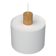 Log-metallivalaisin Ø 30 cm valkoisena ja tammenvärisellä puuosalla. Kuvassa valaisin on kuvattuna ylhäältäpäin.