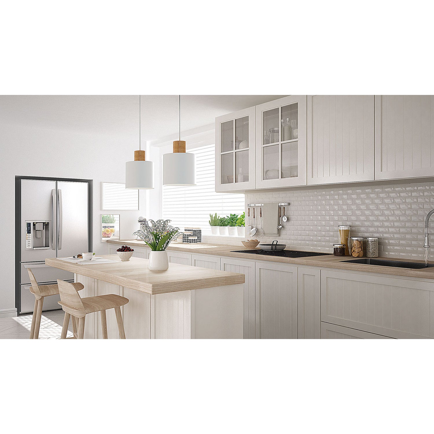 Log on Design by Grönlundin kattovalaisin, jota on saatavana kolmea eri kokoa. Kuvassa on keskikokoiset Ø 20 cm valkoiset Log-valaisimet keittiön saarekkeen päällä.