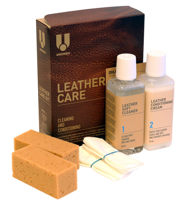 Leather Care- nahanhoitosetti tehokkaaseen tahrojen poistoon ja nahan suojaukseen. Setti sisältää nahkatuotteille puhdistustuotteen, hoitototuotteen, sekä tarvittavat pyyhkeet, sienet ja ohjelehden.
