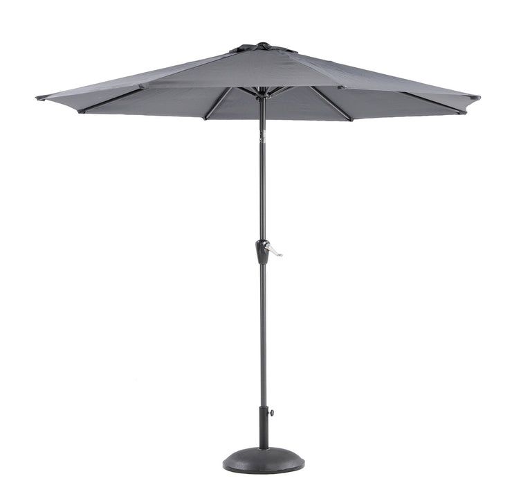 Harmaa 270 cm aurinkovarjo. Tässä aurinkovarjossa on veivi, joka helpottaa varjon avaamista ja sulkemista. Varjonjalka myydään erikseen.