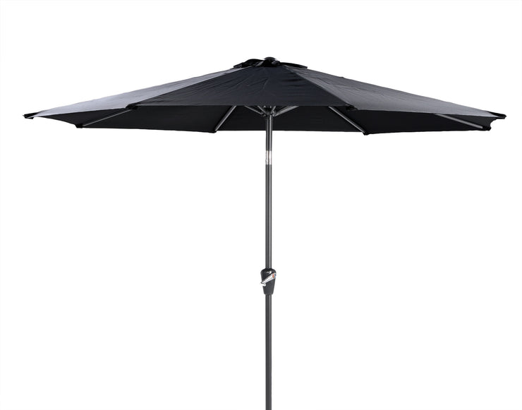 Musta 270 cm aurinkovarjo avattuna.