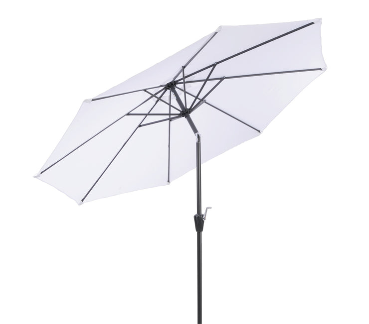 Valkoinen 270 cm aurinkovarjo kallistusmekanismilla.