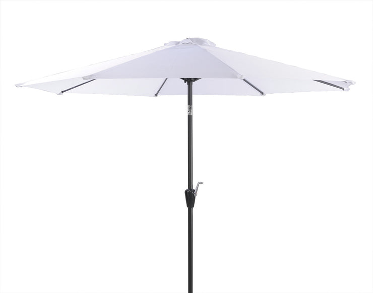 Valkoinen 270 cm aurinkovarjo avattuna.