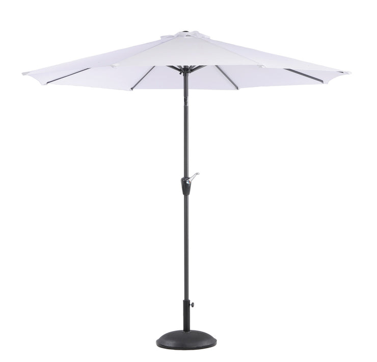 Valkoinen 270 cm aurinkovarjo. Tässä aurinkovarjossa on veivi, joka helpottaa varjon avaamista ja sulkemista. Varjonjalka myydään erikseen.