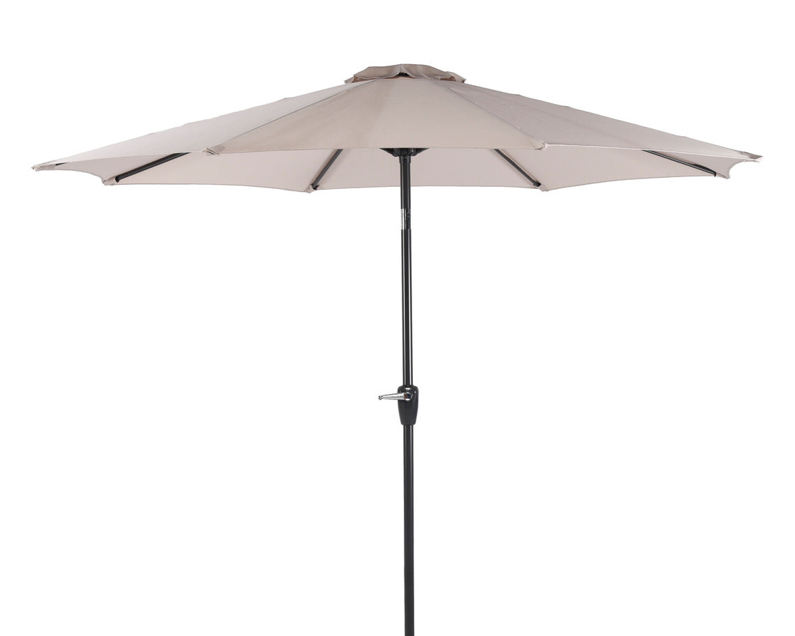 Beige 270 cm aurinkovarjo. Tässä aurinkovarjossa on veivi, joka helpottaa varjon avaamista ja sulkemista.