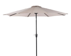 Beige 270 cm aurinkovarjo. Tässä aurinkovarjossa on veivi, joka helpottaa varjon avaamista ja sulkemista.