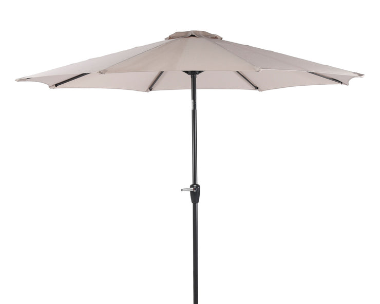Beige 270 cm aurinkovarjo. Tässä aurinkovarjossa on veivi, joka helpottaa varjon avaamista ja sulkemista.