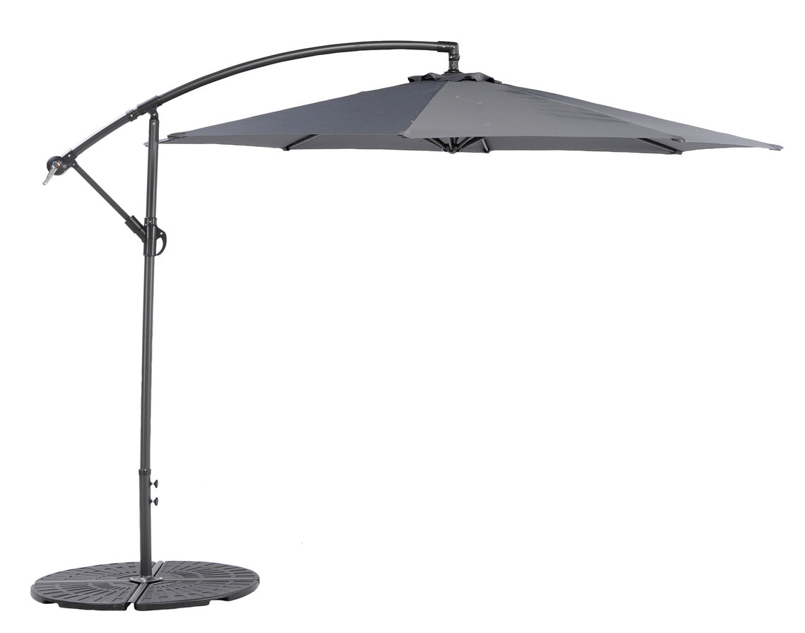 Maksullisena lisävarusteena varjoon on saatavana varren ristikon päälle asennettava kuvan 4 x 12,5 kg painosarja. Kuvassa harmaa varjo.