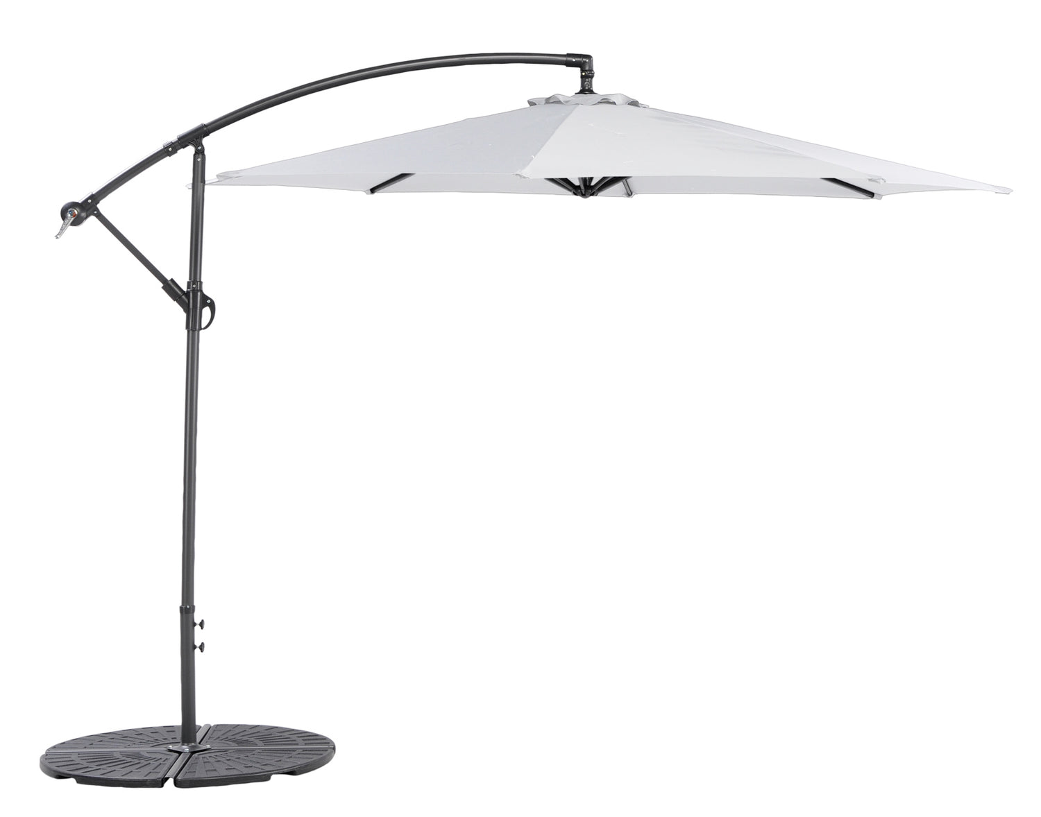 Maksullisena lisävarusteena varjoon on saatavana varren ristikon päälle asennettava kuvan 4 x 12,5 kg painosarja. Kuvassa valkoinen varjo.