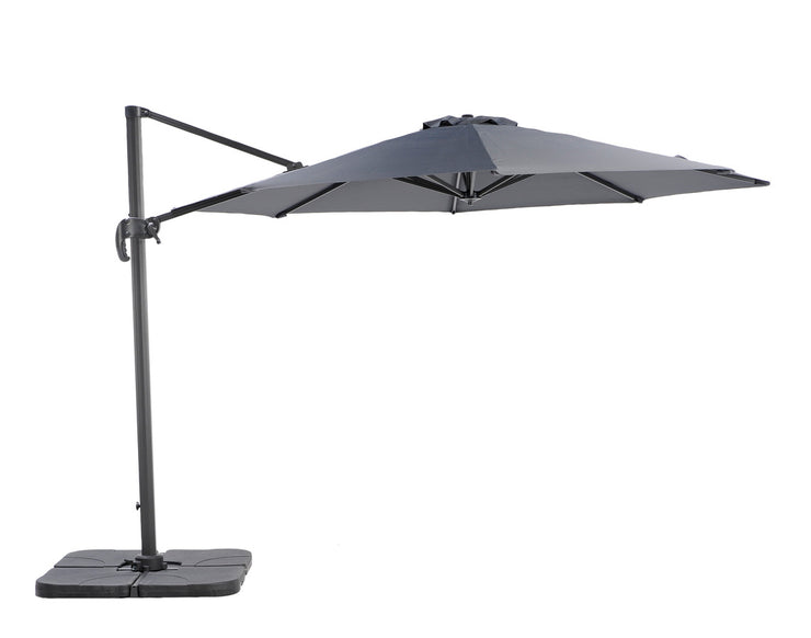 Suosittelemme 330 cm sivuvarjon lisävarusteeksi varjon ristikkojalan päälle asennettavaa kuvan 4 x 25 kg painosarjaa.