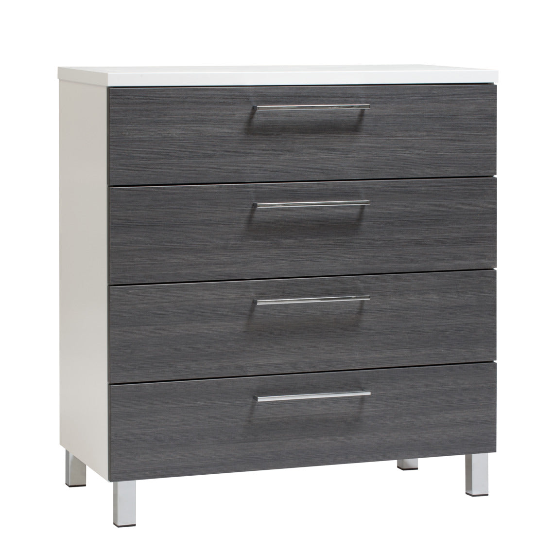 Korkea Usva-lipasto metallijaloilla. Usva-mallisto on tyylikkään valkoharmaa kalustesarja.