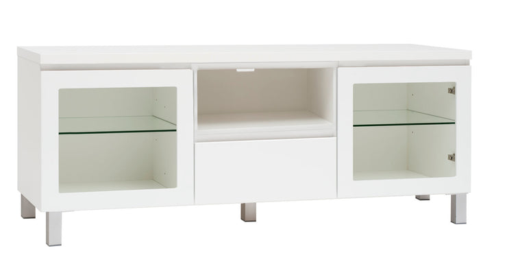 Kuvassa on 137 cm leveä kokovalkoinen Viiva-sarjan tv-taso hopeanvärisillä alumiinijaloilla.