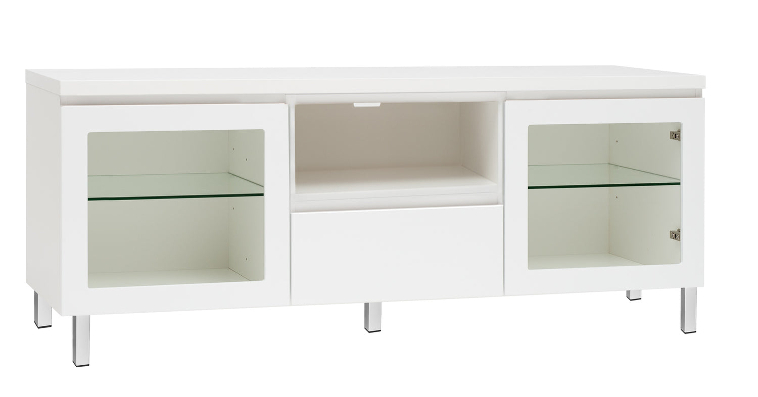Kuvassa on 137 cm leveä kokovalkoinen Viiva-sarjan tv-taso valkoisilla metallijaloilla.