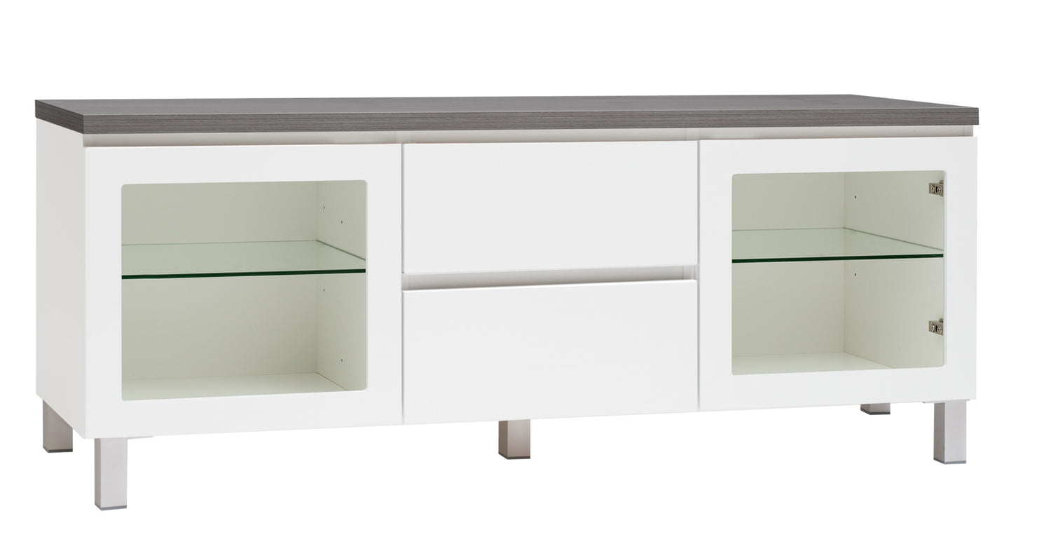 Kuvassa on 137 cm leveä valkoinen Viiva-sarjan tv-taso antrasiitinvärisellä kannella ja hopeanvärisillä alumiinijaloilla.