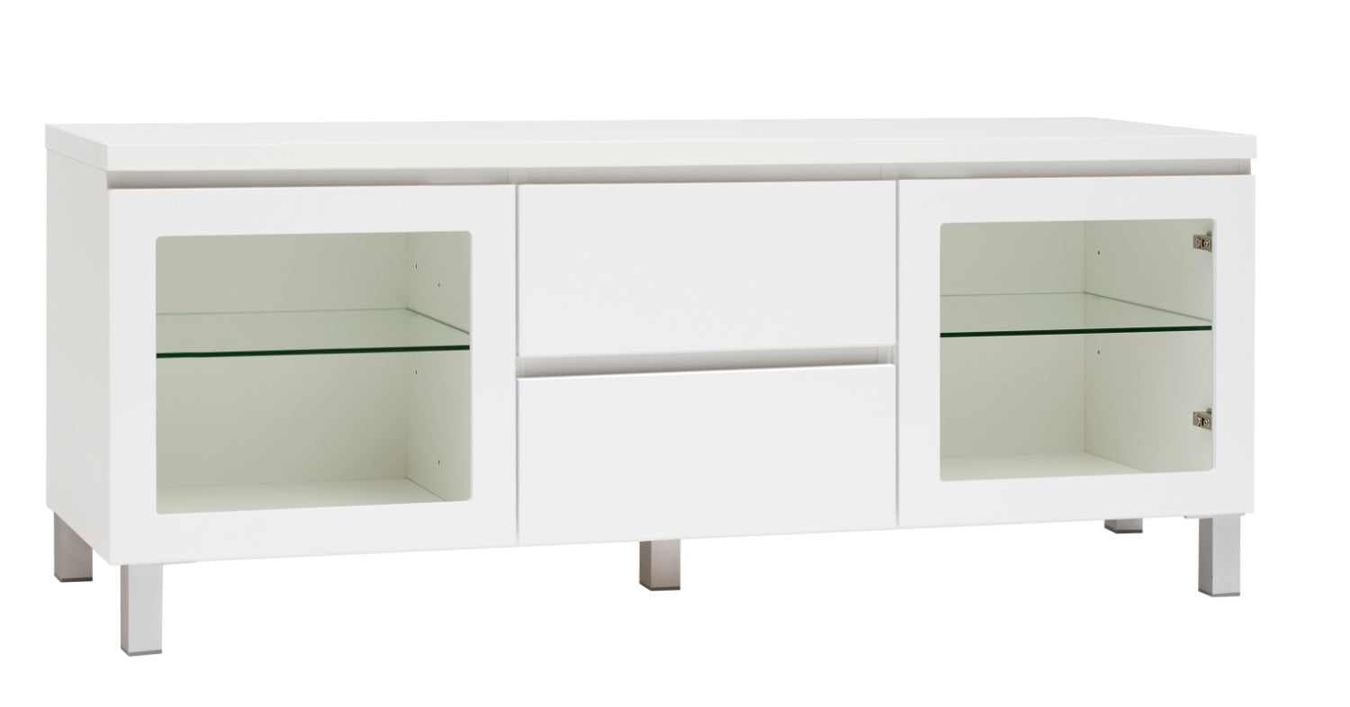 Kuvassa on 137 cm leveä kokovalkoinen Viiva-sarjan tv-taso hopeanvärisillä alumiinijaloilla.