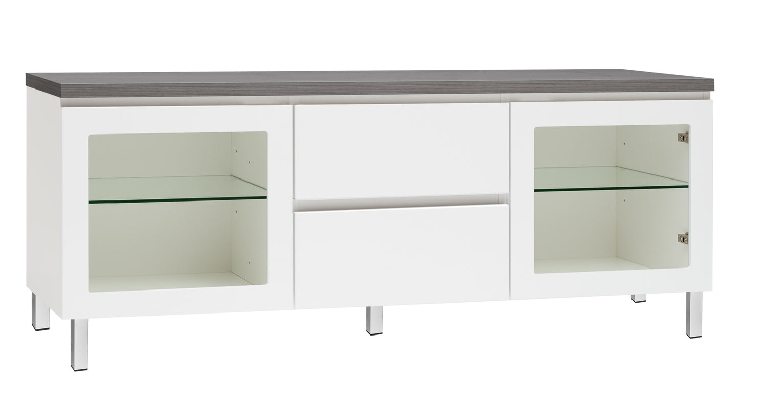 Kuvassa on 137 cm leveä valkoinen Viiva-sarjan tv-taso antrasiitinvärisellä kannella ja valkoisilla metallijaloilla.