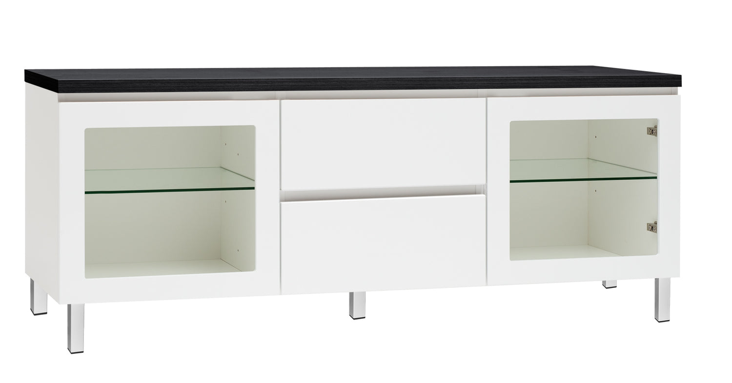 Kuvassa on 137 cm leveä valkoinen Viiva-sarjan tv-taso mustalla kannella ja valkoisilla metallijaloilla.