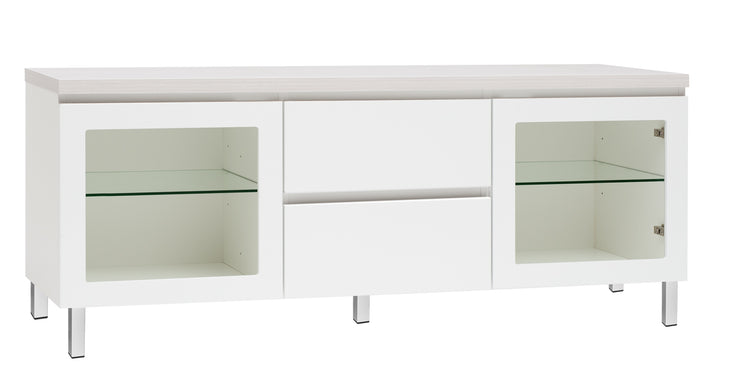Kuvassa on 137 cm leveä valkoinen Viiva-sarjan tv-taso valkosaarninvärisellä kannella ja valkoisilla metallijaloilla.