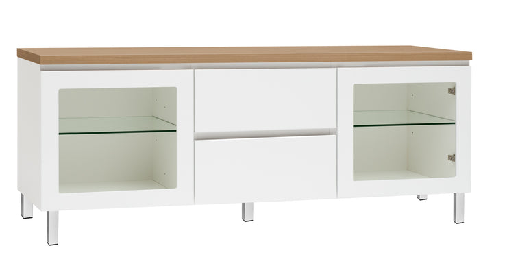 Kuvassa on 137 cm leveä valkoinen Viiva-sarjan tv-taso tammenvärisellä kannella ja valkoisilla metallijaloilla.