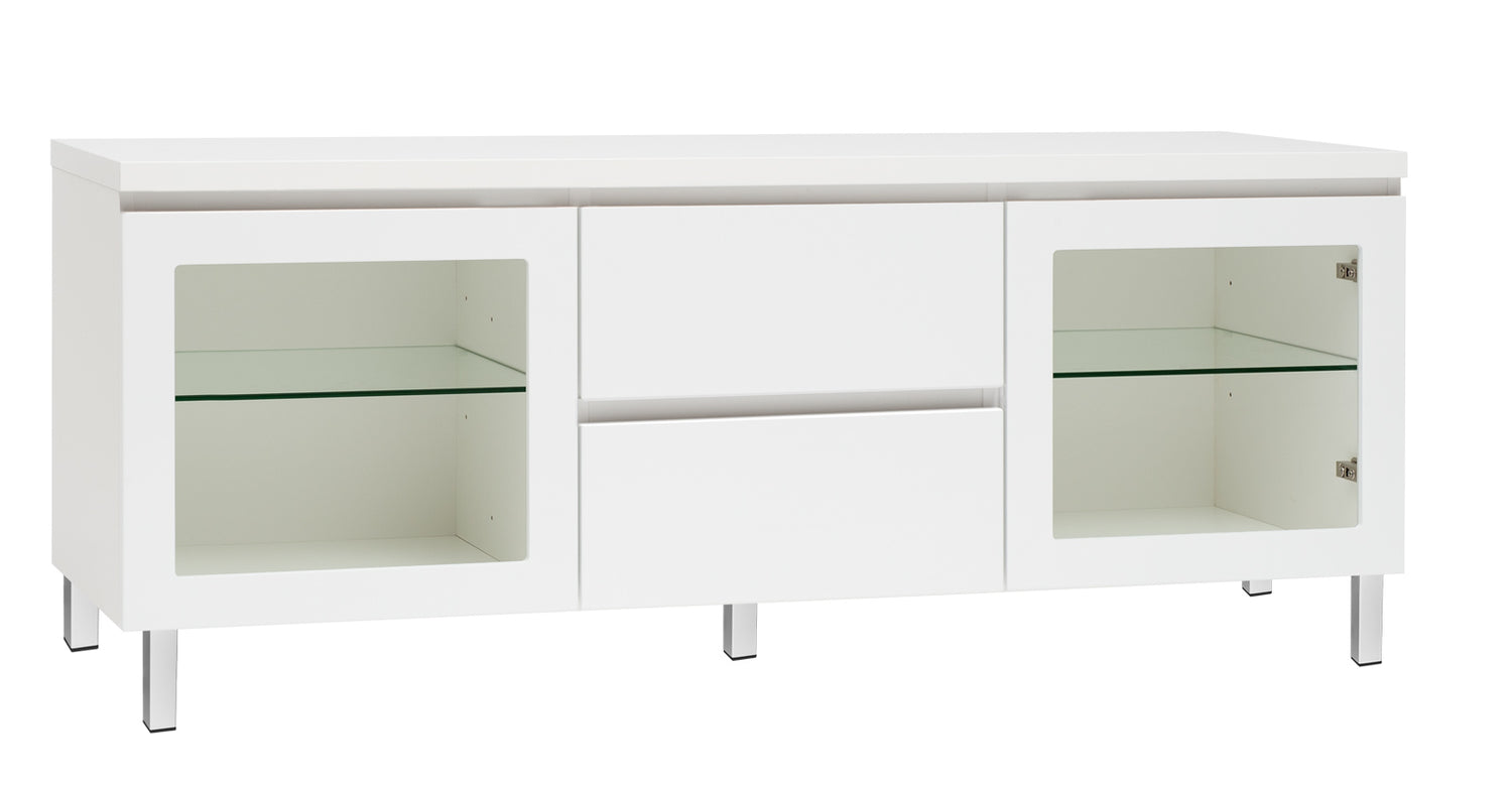 Kuvassa on 137 cm leveä kokovalkoinen Viiva-sarjan tv-taso valkoisilla metallijaloilla.