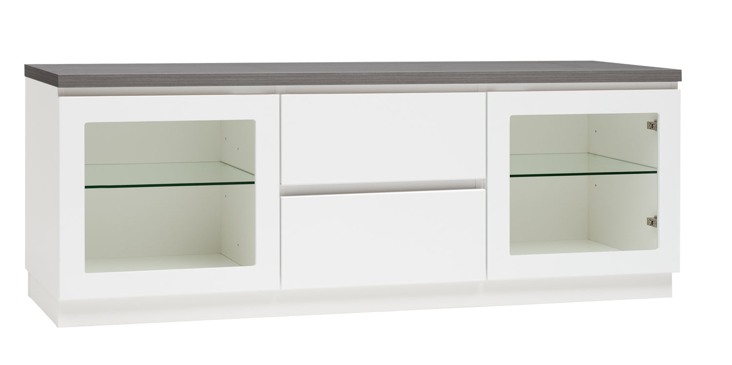 Kuvassa on 137 cm leveä valkoinen Viiva-sarjan tv-taso antrasiitinvärisellä kannella ja valkoisella jalkasokkelilla.