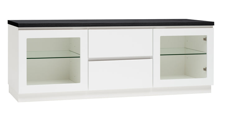 Kuvassa on 137 cm leveä valkoinen Viiva-sarjan tv-taso mustalla kannella ja valkoisella jalkasokkelilla.