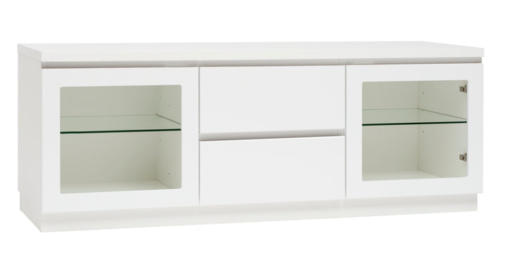 Kuvassa on 137 cm leveä kokovalkoinen Viiva-sarjan tv-taso valkoisella jalkasokkelilla.