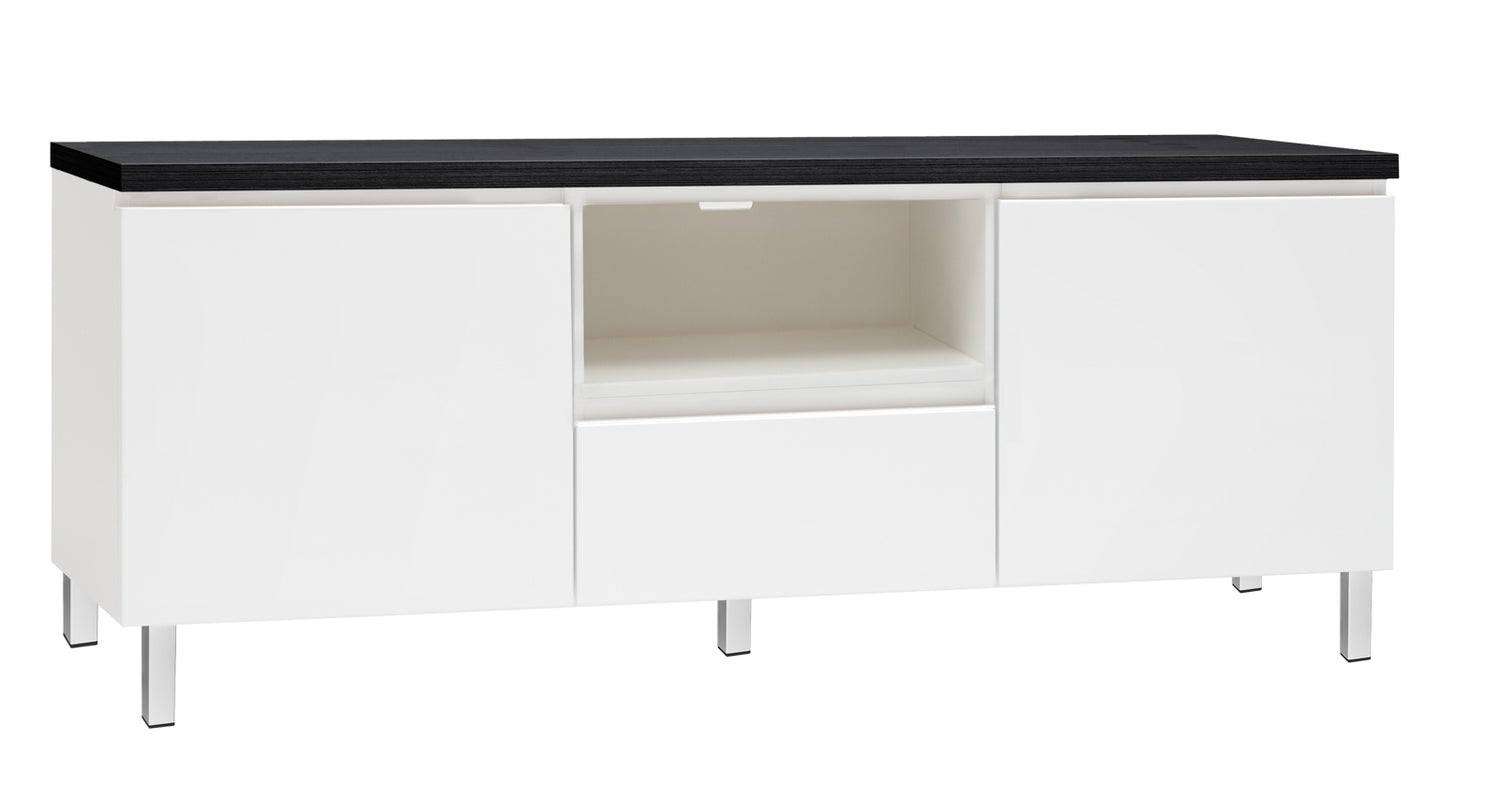 Kuvassa on 137 cm leveä valkoinen Viiva-sarjan tv-taso mustalla kannella ja valkoisilla metallijaloilla.