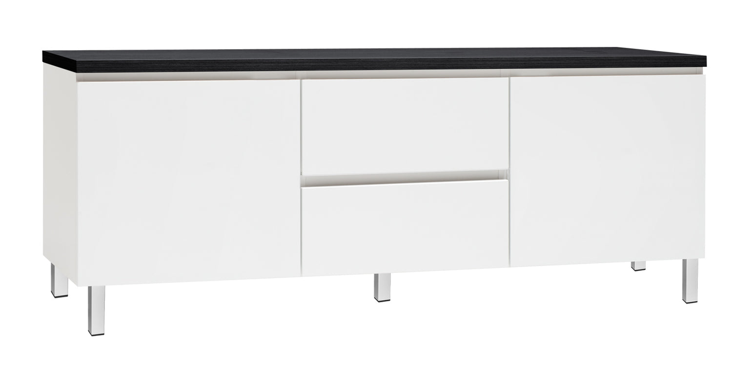 Kuvassa on 137 cm leveä valkoinen Viiva-sarjan tv-taso mustalla kannella ja valkoisilla metallijaloilla.