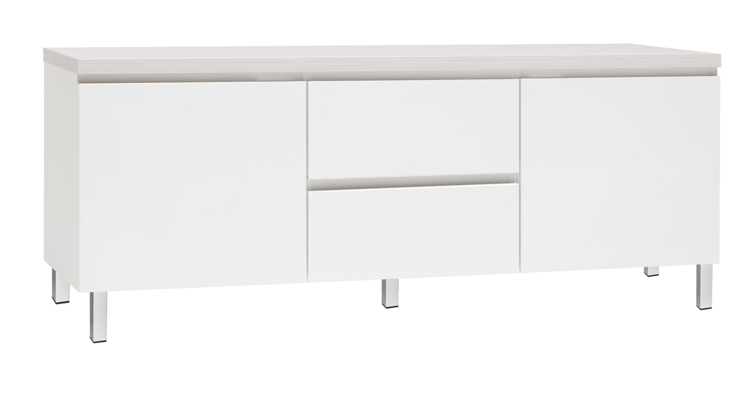 Kuvassa on 137 cm leveä valkoinen Viiva-sarjan tv-taso valkosaarninvärisellä kannella ja valkoisilla metallijaloilla.