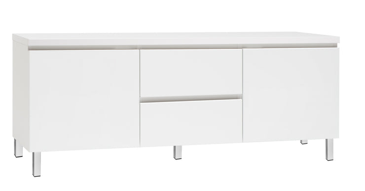 Kuvassa on 137 cm leveä kokovalkoinen Viiva-sarjan tv-taso valkoisilla metallijaloilla.
