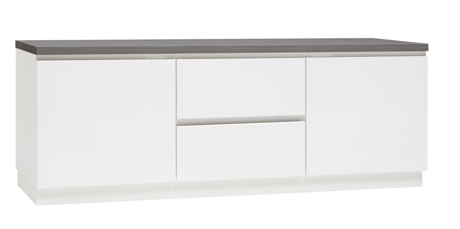 Kuvassa on 137 cm leveä valkoinen Viiva-sarjan tv-taso antrasiitinvärisellä kannella ja valkoisella jalkasokkelilla.