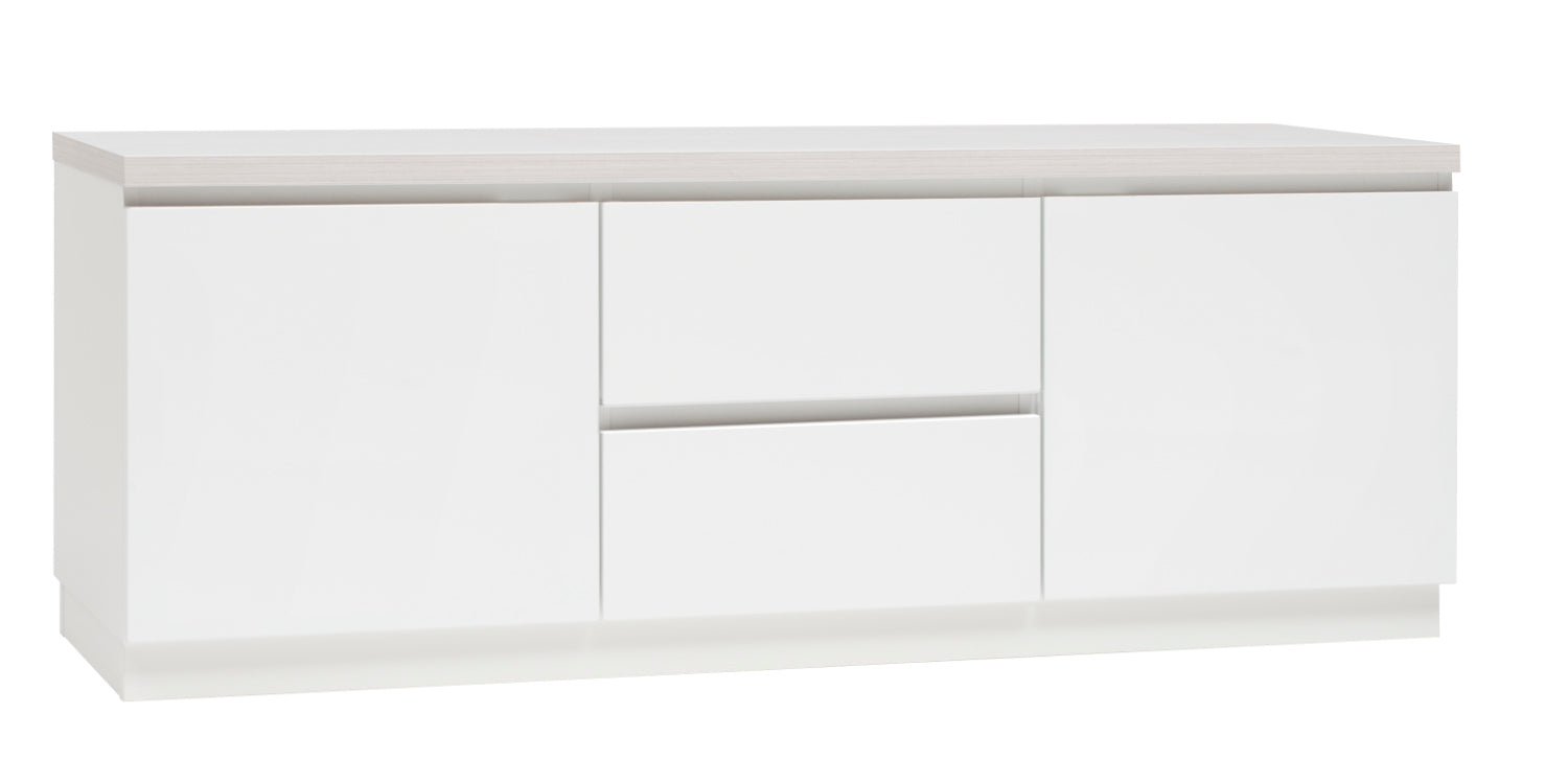 Kuvassa on 137 cm leveä valkoinen Viiva-sarjan tv-taso valkosaarninvärisellä kannella ja valkoisella jalkasokkelilla.