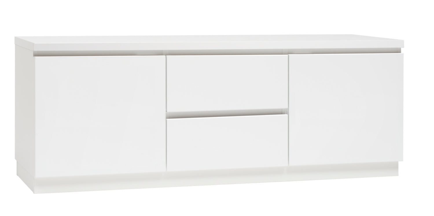 Kuvassa on 137 cm leveä kokovalkoinen Viiva-sarjan tv-taso valkoisella jalkasokkelilla.