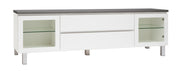 Kuvassa on 184 cm leveä valkoinen Viiva-sarjan tv-taso antrasiitinvärisellä kannella ja hopeanvärisillä alumiinijaloilla.