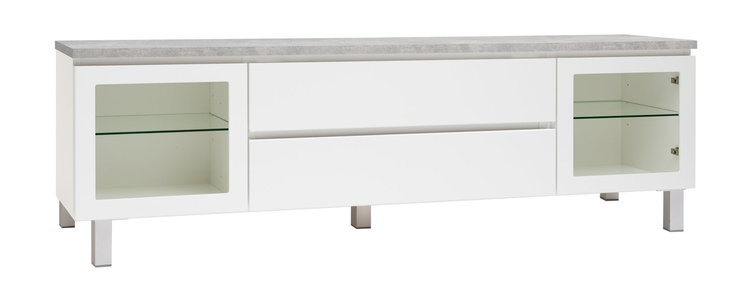 Kuvassa on 184 cm leveä valkoinen Viiva-sarjan tv-taso harmaalla betonijäljitelmän sävyisellä kannella ja hopeanvärisillä alumiinijaloilla.