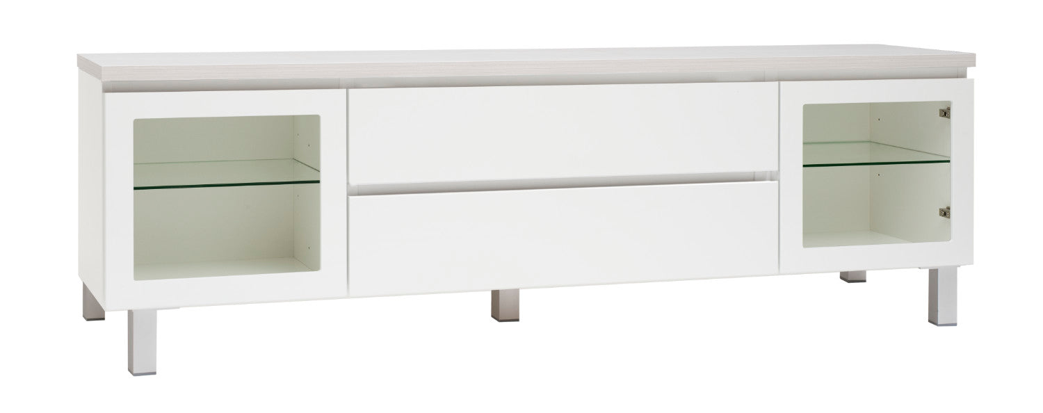 Kuvassa on 184 cm leveä valkoinen Viiva-sarjan tv-taso valkosaarninvärisellä kannella ja hopeanvärisillä alumiinijaloilla.