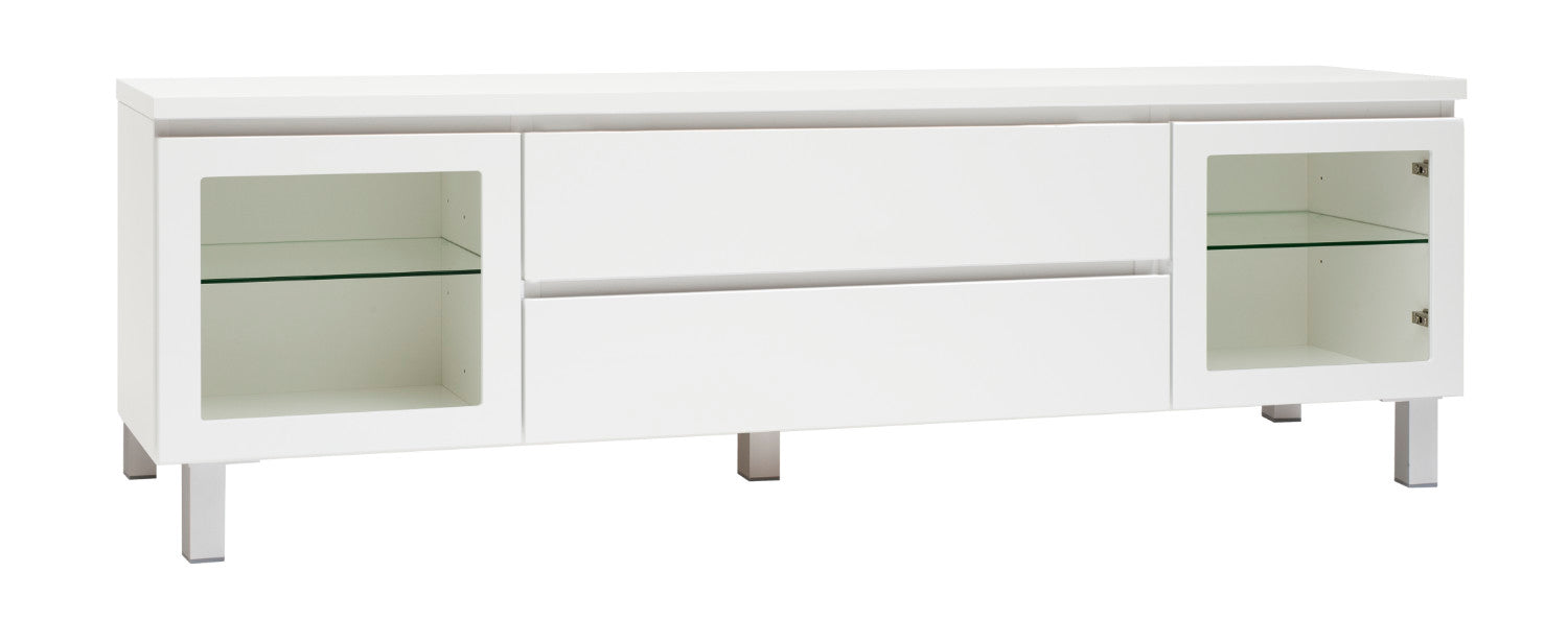 Kuvassa on 184 cm leveä kokovalkoinen Viiva-sarjan tv-taso hopeanvärisillä alumiinijaloilla.