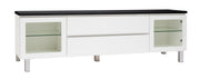 Kuvassa on 184 cm leveä valkoinen Viiva-sarjan tv-taso mustalla kannella ja hopeanvärisillä alumiinijaloilla.