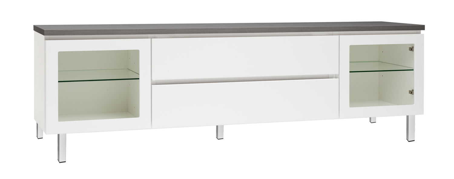 Kuvassa on 184 cm leveä valkoinen Viiva-sarjan tv-taso antrasiitinvärisellä kannella ja valkoisilla metallijaloilla.